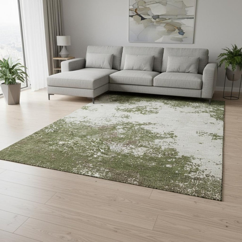 HomeRoots 8' X 10' Olive Green & Ivory Abstract Area Rug - Washable, UV-Protected, Stain-Resistant Design! 680667