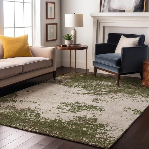 HomeRoots 10' X 14' Olive Green & Ivory Abstract Washable Area Rug - Stain Resistant, UV Protected, Durable Decor 680669