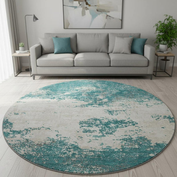 HomeRoots 8' Teal and Ivory Abstract Round Rug - Durable, Washable, UV-Protected for Modern Living Spaces 680672