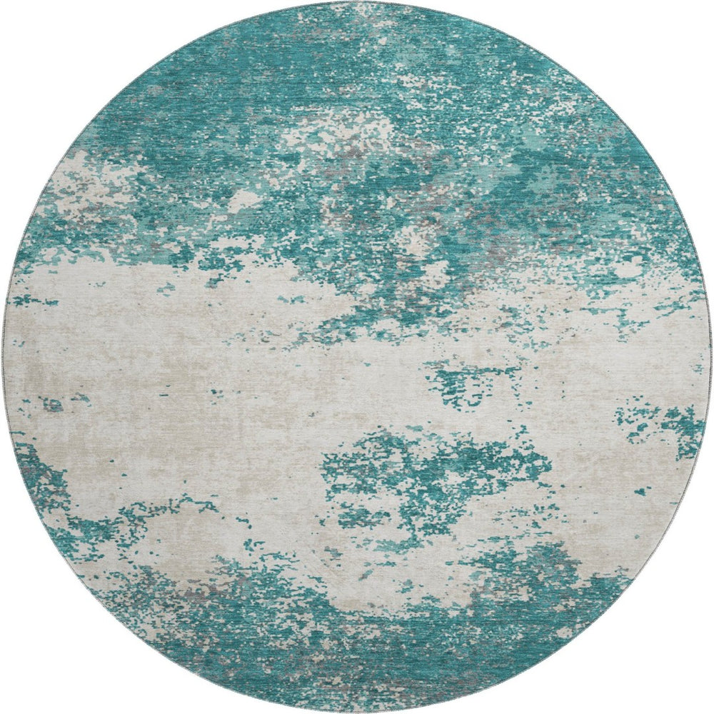 HomeRoots 8' Teal and Ivory Abstract Round Rug - Durable, Washable, UV-Protected for Modern Living Spaces 680672