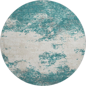 HomeRoots 8' Teal and Ivory Abstract Round Rug - Durable, Washable, UV-Protected for Modern Living Spaces 680672