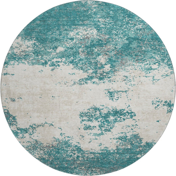 HomeRoots 8' Teal and Ivory Abstract Round Rug - Durable, Washable, UV-Protected for Modern Living Spaces 680672
