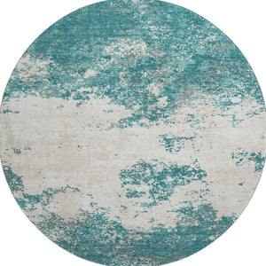 HomeRoots 8' Teal and Ivory Abstract Round Rug - Durable, Washable, UV-Protected for Modern Living Spaces 680672