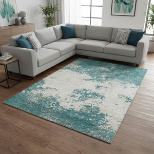 HomeRoots 8' X 10' Teal & Ivory Abstract Washable Area Rug - Modern, Durable, UV-Protected for Busy Homes 680673