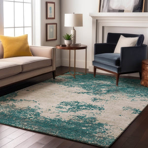 HomeRoots 8' X 10' Teal & Ivory Abstract Washable Area Rug - Modern, Durable, UV-Protected for Busy Homes 680673