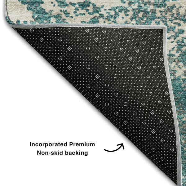 HomeRoots 8' X 10' Teal & Ivory Abstract Washable Area Rug - Modern, Durable, UV-Protected for Busy Homes 680673