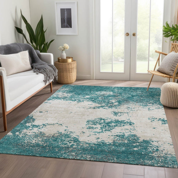 HomeRoots 8' X 10' Teal & Ivory Abstract Washable Area Rug - Modern, Durable, UV-Protected for Busy Homes 680673