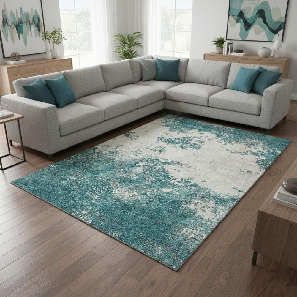 HomeRoots 9' X 12' Teal And Ivory Abstract Area Rug - Stylish, Stain-Resistant, UV Protected for Active Homes 680674