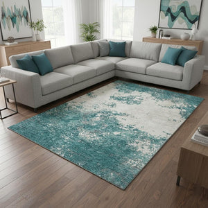 HomeRoots 9' X 12' Teal And Ivory Abstract Area Rug - Stylish, Stain-Resistant, UV Protected for Active Homes 680674