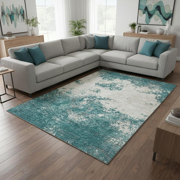 HomeRoots 9' X 12' Teal And Ivory Abstract Area Rug - Stylish, Stain-Resistant, UV Protected for Active Homes 680674