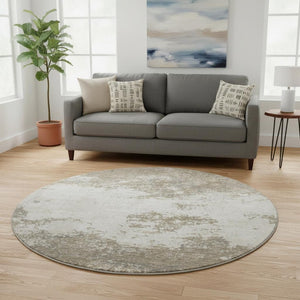 HomeRoots 8' Modern Taupe and Beige Abstract Round Rug - Washable, UV Protected, Perfect for High-Traffic Areas 680678
