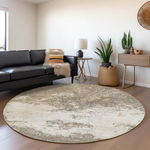 HomeRoots 8' Modern Taupe and Beige Abstract Round Rug - Washable, UV Protected, Perfect for High-Traffic Areas 680678