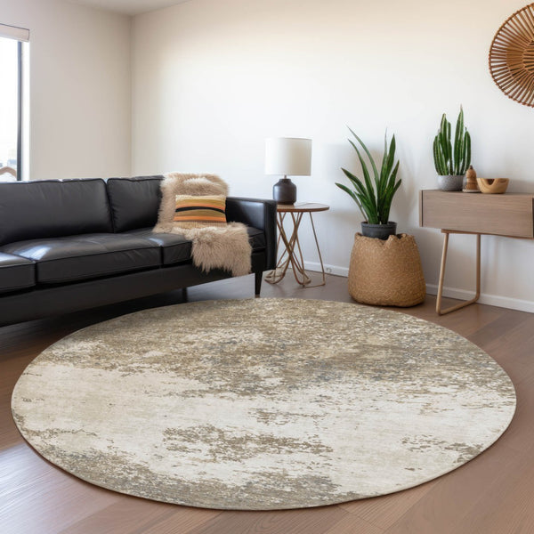 HomeRoots 8' Modern Taupe and Beige Abstract Round Rug - Washable, UV Protected, Perfect for High-Traffic Areas 680678