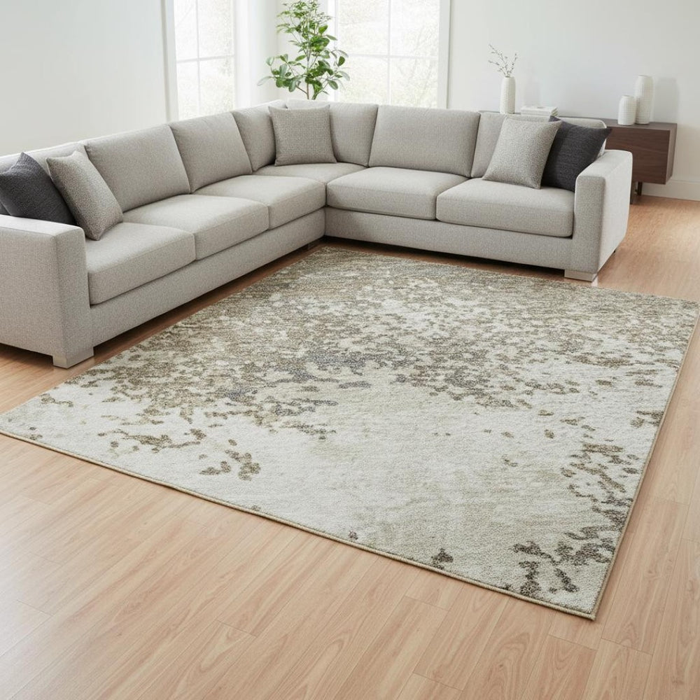 HomeRoots 9' X 12' Taupe and Beige Abstract Washable Area Rug – Durable, UV-Protected for High-Traffic Spaces! 680680