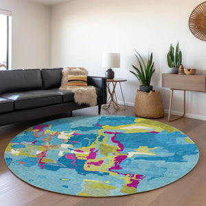 HomeRoots 8' Vibrant Aqua and Lime Green Pink Abstract Washable Round Rug with UV Protection for Style & Durability 680684