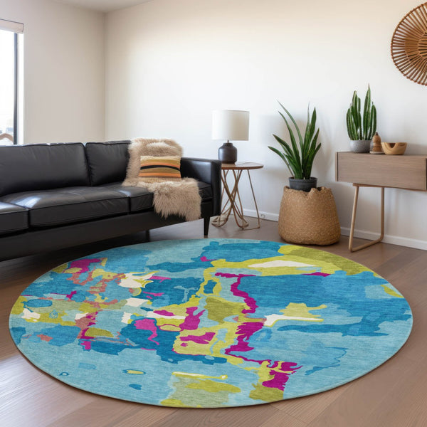 HomeRoots 8' Vibrant Aqua and Lime Green Pink Abstract Washable Round Rug with UV Protection for Style & Durability 680684