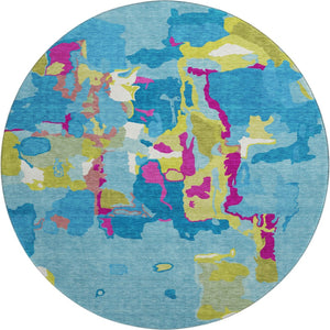 HomeRoots 8' Vibrant Aqua and Lime Green Pink Abstract Washable Round Rug with UV Protection for Style & Durability 680684