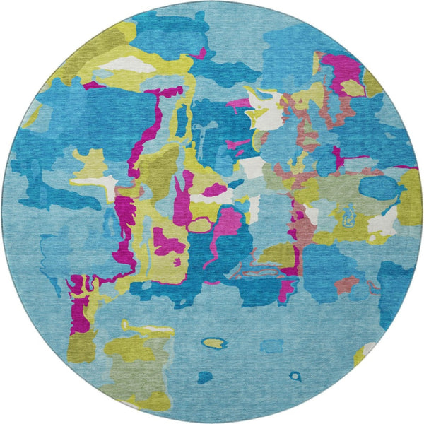 HomeRoots 8' Vibrant Aqua and Lime Green Pink Abstract Washable Round Rug with UV Protection for Style & Durability 680684