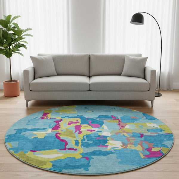 HomeRoots 8' Vibrant Aqua and Lime Green Pink Abstract Washable Round Rug with UV Protection for Style & Durability 680684