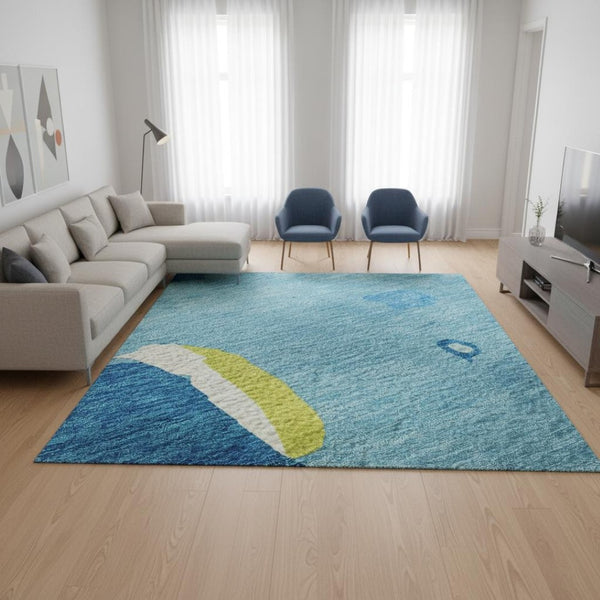 HomeRoots 9' X 12' Vibrant Aqua Lime Green Pink Abstract Washable Area Rug with UV Protection for Homes 680686