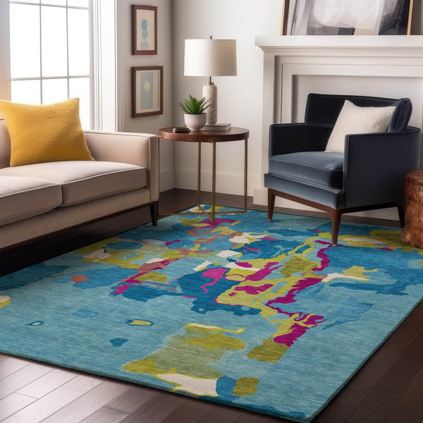 HomeRoots 9' X 12' Vibrant Aqua Lime Green Pink Abstract Washable Area Rug with UV Protection for Homes 680686