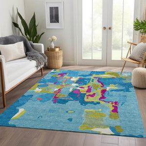 HomeRoots 9' X 12' Vibrant Aqua Lime Green Pink Abstract Washable Area Rug with UV Protection for Homes 680686