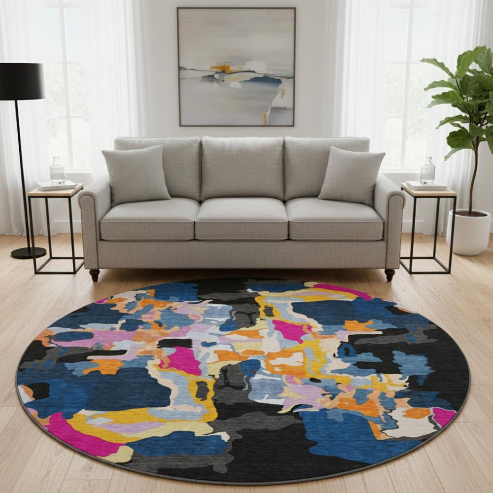 HomeRoots 8' Washable Round Rug in Bold Black, Blue, Yellow & Pink - UV Protected, Stain Resistant, Modern Flair 680690