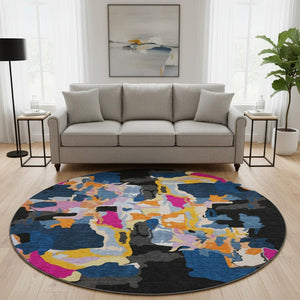 HomeRoots 8' Washable Round Rug in Bold Black, Blue, Yellow & Pink - UV Protected, Stain Resistant, Modern Flair 680690