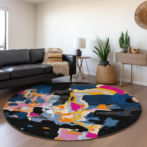HomeRoots 8' Washable Round Rug in Bold Black, Blue, Yellow & Pink - UV Protected, Stain Resistant, Modern Flair 680690