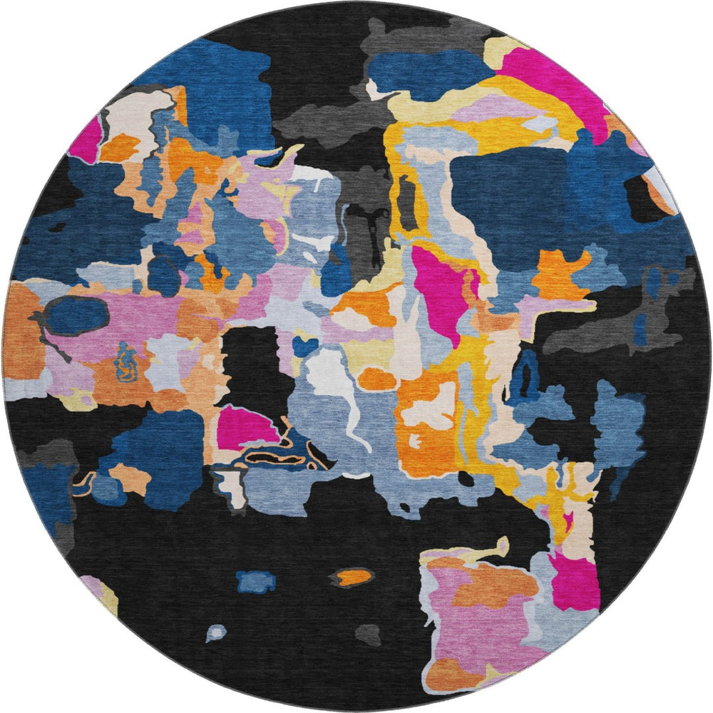 HomeRoots 8' Washable Round Rug in Bold Black, Blue, Yellow & Pink - UV Protected, Stain Resistant, Modern Flair 680690