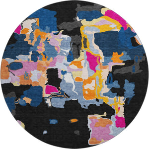 HomeRoots 8' Washable Round Rug in Bold Black, Blue, Yellow & Pink - UV Protected, Stain Resistant, Modern Flair 680690