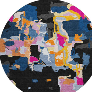 HomeRoots 8' Washable Round Rug in Bold Black, Blue, Yellow & Pink - UV Protected, Stain Resistant, Modern Flair 680690