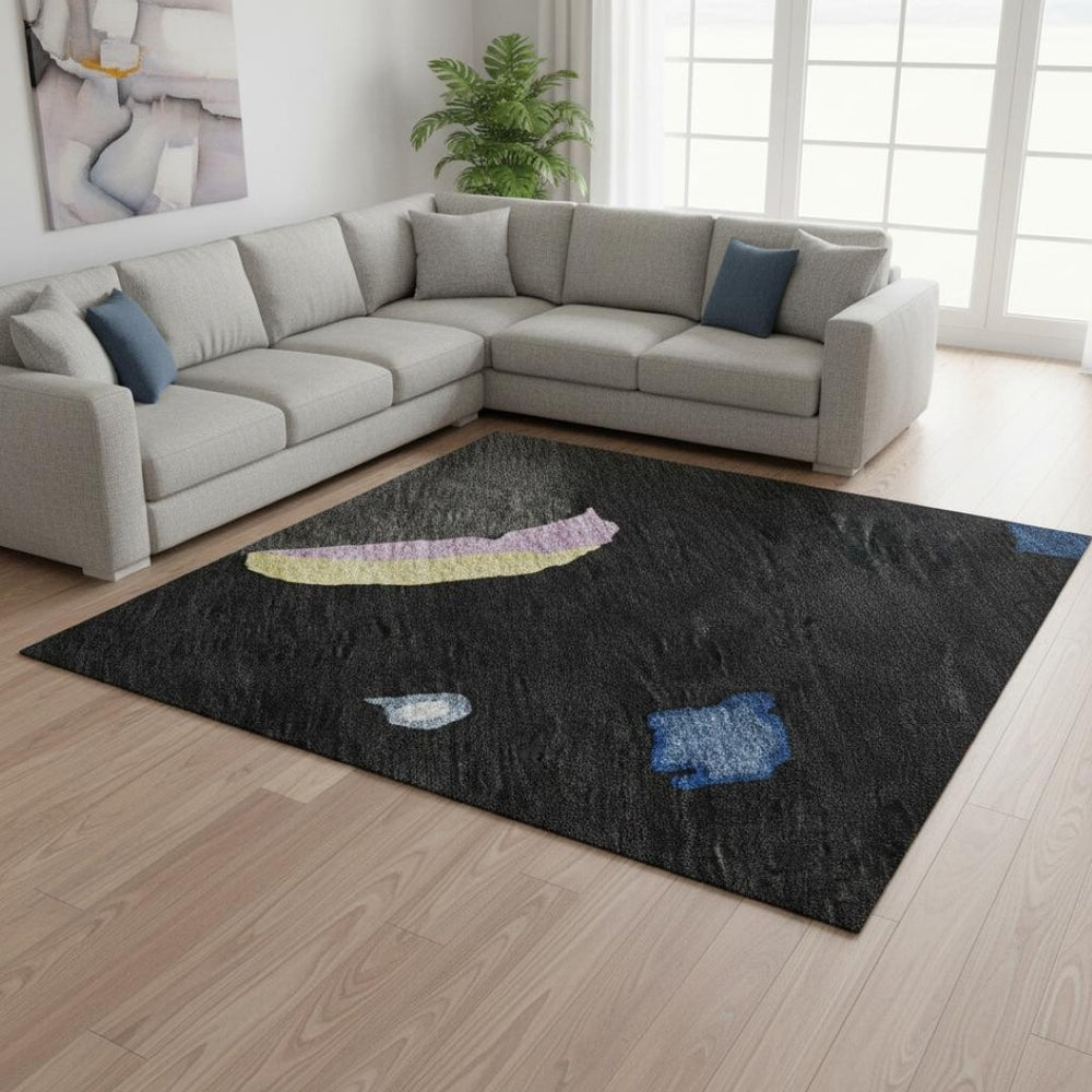 HomeRoots 9' Modern Abstract Washable Area Rug in Black, Blue, Yellow & Pink with UV Protection & Durability 680692