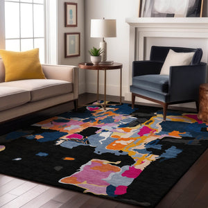 HomeRoots 10' X 14' Abstract Washable Area Rug in Black, Blue, Yellow & Pink - UV Protection & Stain Resistant! 680693