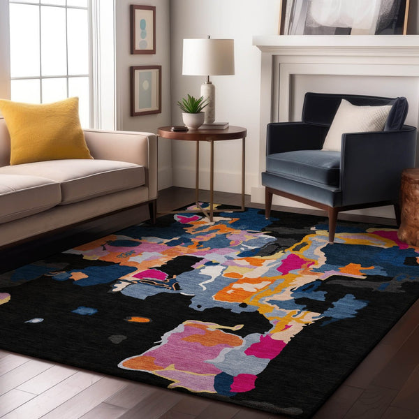 HomeRoots 10' X 14' Abstract Washable Area Rug in Black, Blue, Yellow & Pink - UV Protection & Stain Resistant! 680693