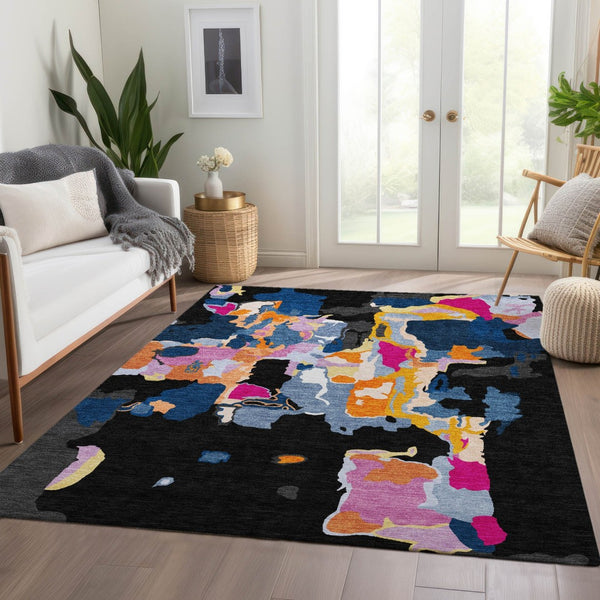 HomeRoots 10' X 14' Abstract Washable Area Rug in Black, Blue, Yellow & Pink - UV Protection & Stain Resistant! 680693