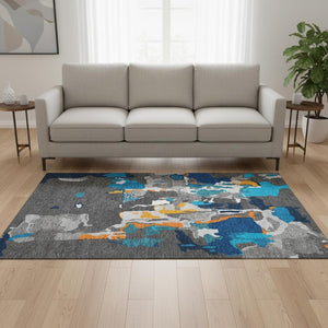 HomeRoots 5' X 8' Charcoal Blue & Orange Abstract Washable Area Rug - Durable, Stylish, Kid & Pet Friendly! 680695