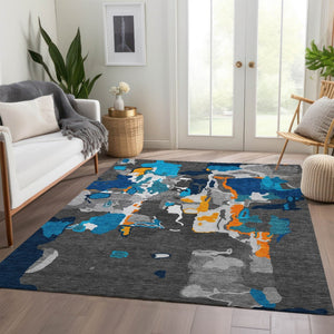 HomeRoots 5' X 8' Charcoal Blue & Orange Abstract Washable Area Rug - Durable, Stylish, Kid & Pet Friendly! 680695