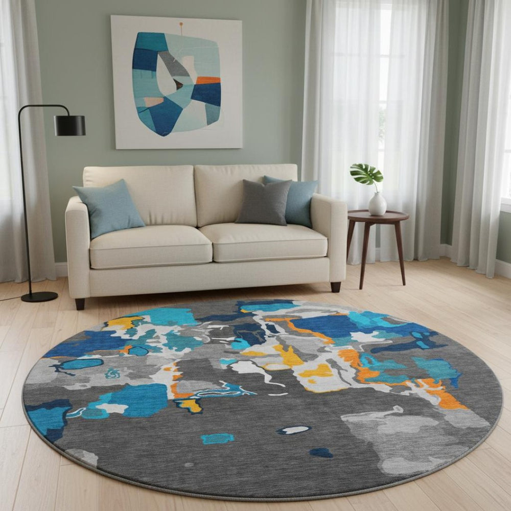 HomeRoots 8' Charcoal Blue & Orange Abstract Washable Round Rug – UV Protected, Stain-Resistant, Durable Design 680696