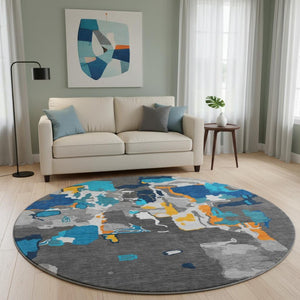 HomeRoots 8' Charcoal Blue & Orange Abstract Washable Round Rug – UV Protected, Stain-Resistant, Durable Design 680696