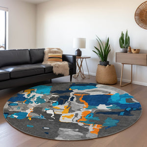 HomeRoots 8' Charcoal Blue & Orange Abstract Washable Round Rug – UV Protected, Stain-Resistant, Durable Design 680696