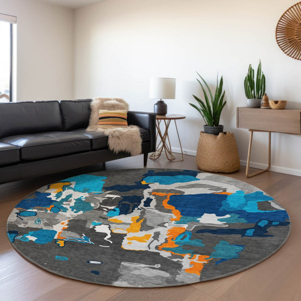HomeRoots 8' Charcoal Blue & Orange Abstract Washable Round Rug – UV Protected, Stain-Resistant, Durable Design 680696