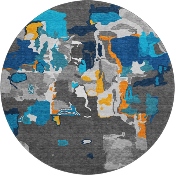 HomeRoots 8' Charcoal Blue & Orange Abstract Washable Round Rug – UV Protected, Stain-Resistant, Durable Design 680696