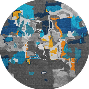 HomeRoots 8' Charcoal Blue & Orange Abstract Washable Round Rug – UV Protected, Stain-Resistant, Durable Design 680696