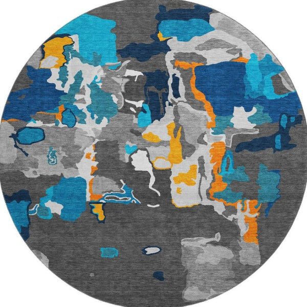 HomeRoots 8' Charcoal Blue & Orange Abstract Washable Round Rug – UV Protected, Stain-Resistant, Durable Design 680696