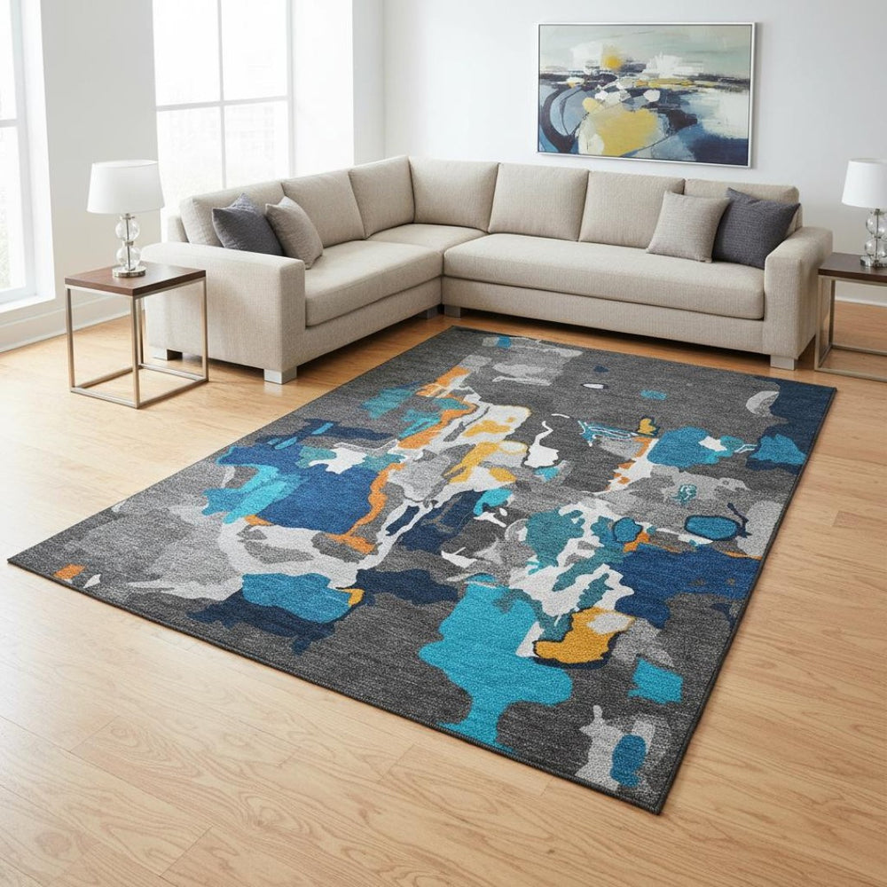 HomeRoots 8' X 10' Charcoal Blue & Orange Abstract Area Rug - Stylish, Washable, UV-Protected for Busy Homes 680697