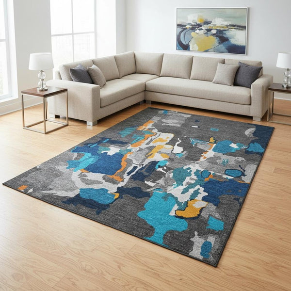 HomeRoots 8' X 10' Charcoal Blue & Orange Abstract Area Rug - Stylish, Washable, UV-Protected for Busy Homes 680697