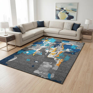 HomeRoots 9' X 12' Charcoal Blue & Orange Abstract Area Rug - Washable, UV Protected, Stylish & Durable! 680698