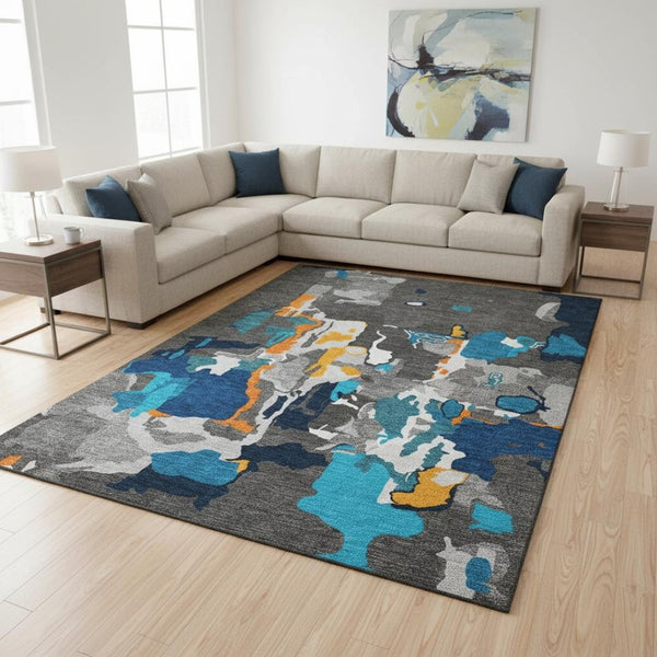 HomeRoots 10' X 14' Charcoal Blue & Orange Abstract Washable Rug - Durable, UV-Protected, Stylish for High-Traffic Areas 680699