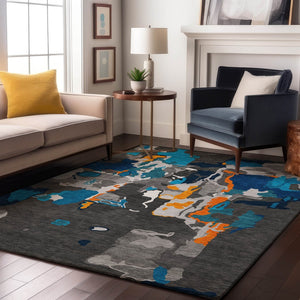 HomeRoots 10' X 14' Charcoal Blue & Orange Abstract Washable Rug - Durable, UV-Protected, Stylish for High-Traffic Areas 680699